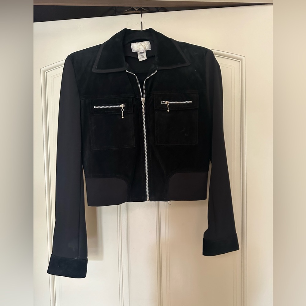 Cache black leather jacket with stretch sleeves